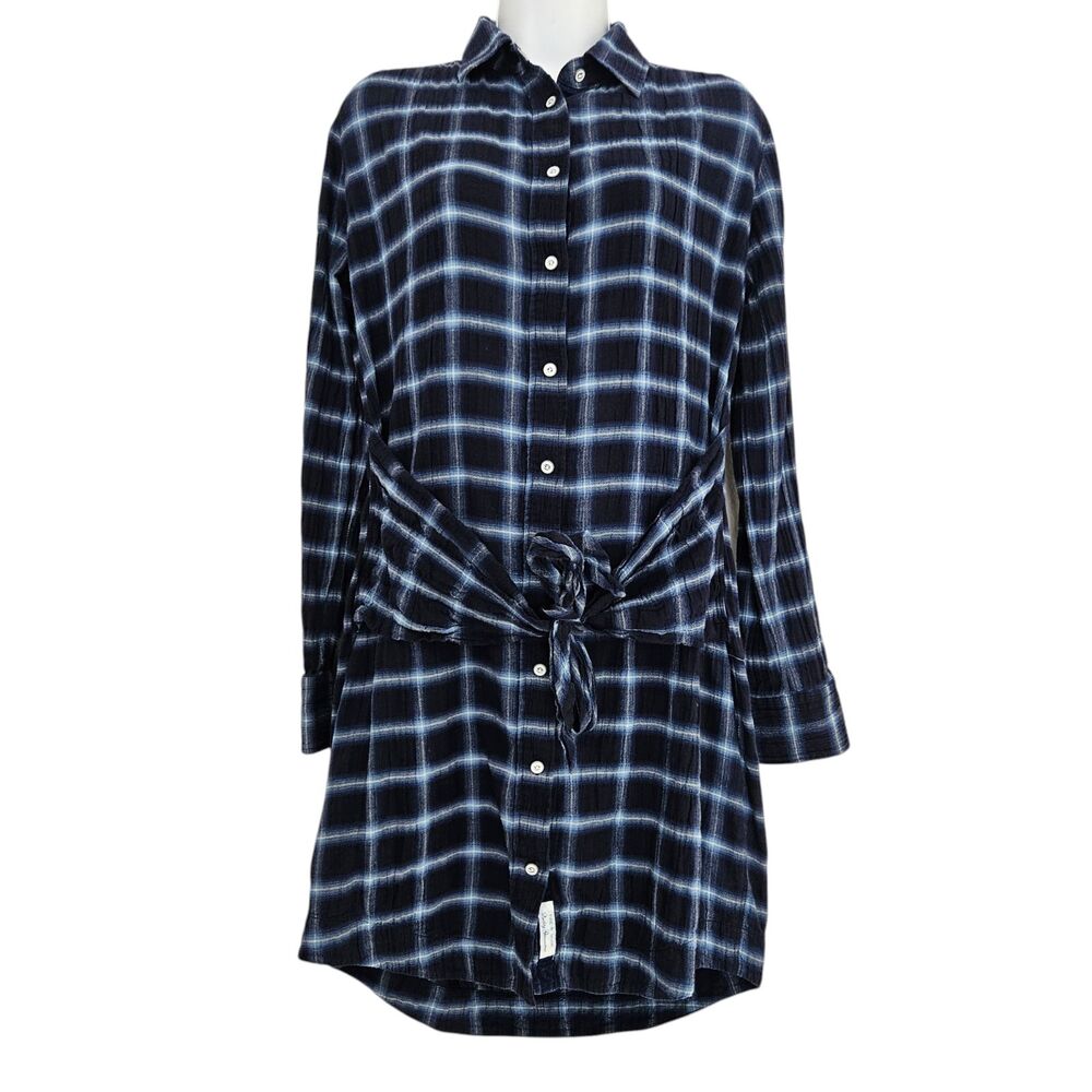 Rag & Bone Jean Sadie Plaid Shirt Dress Womens Small Blue Flannel Tie Front - Picture 2 of 9